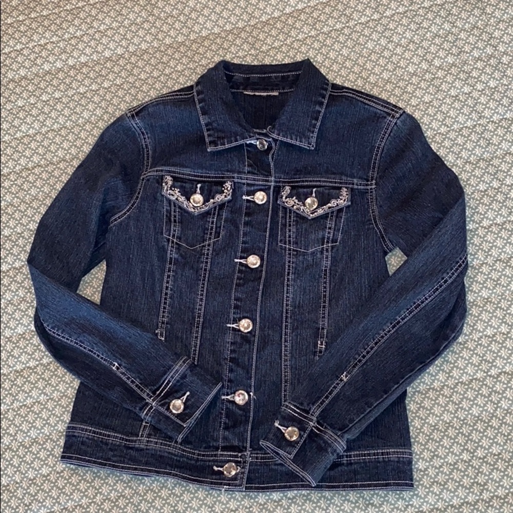 Jean jacket with gem buttons and slit pockets